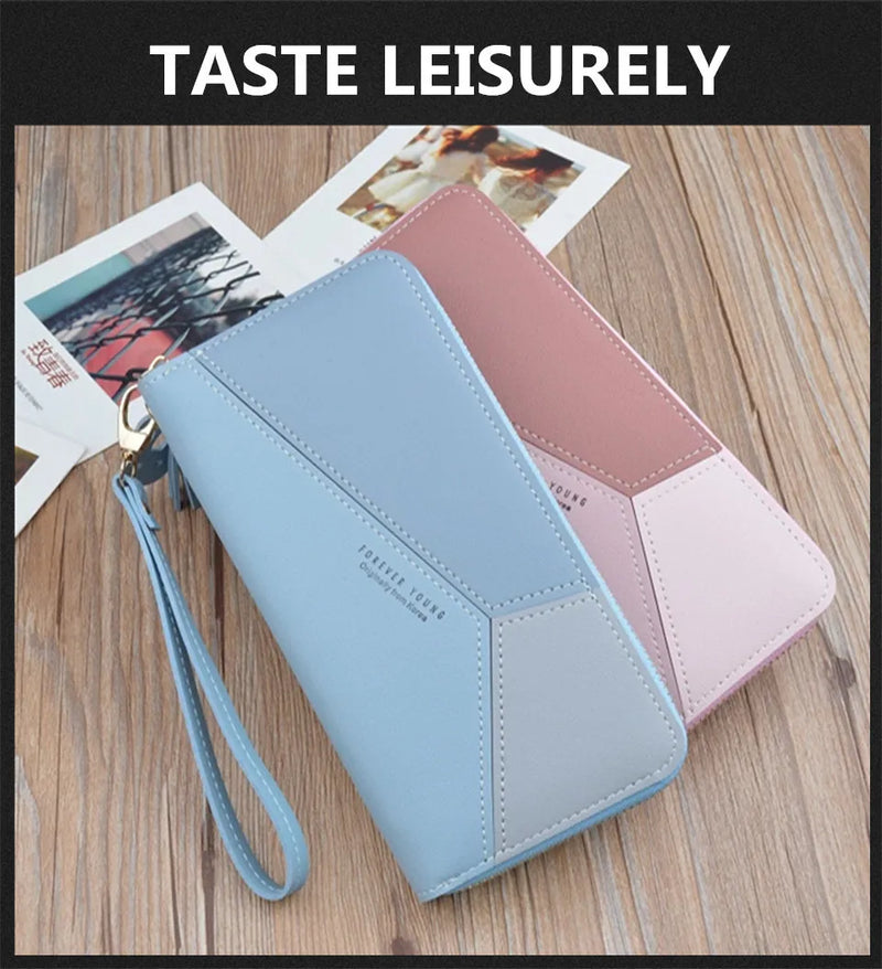 Geometric Patchwork PU Leather Women Long Zipper Wrist Purses Tassel Design Clutch Forever Young Wallet Female Card Holder