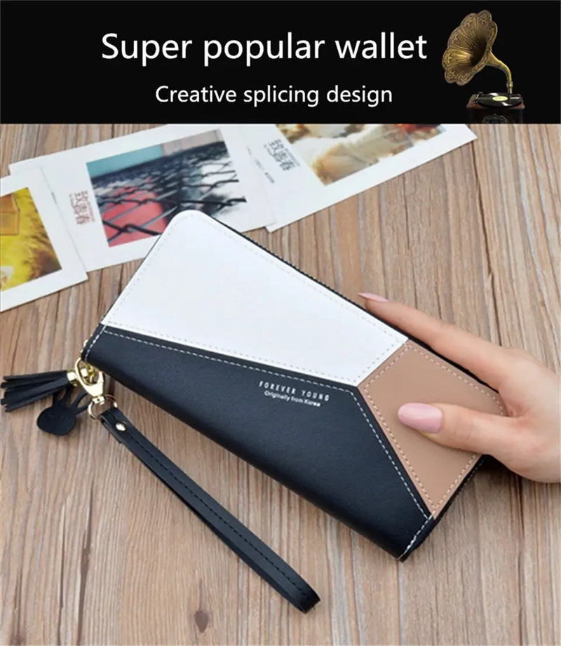 Geometric Patchwork PU Leather Women Long Zipper Wrist Purses Tassel Design Clutch Forever Young Wallet Female Card Holder