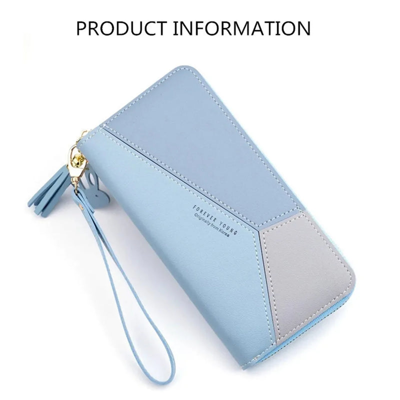 Geometric Patchwork PU Leather Women Long Zipper Wrist Purses Tassel Design Clutch Forever Young Wallet Female Card Holder