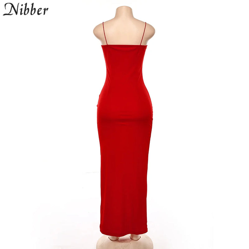 Nibber red black New year christmas party long dresses women spring Basic bodycon lace up stretch Slim midi dresses femme