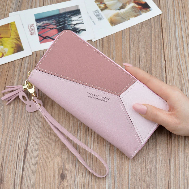 Geometric Patchwork PU Leather Women Long Zipper Wrist Purses Tassel Design Clutch Forever Young Wallet Female Card Holder