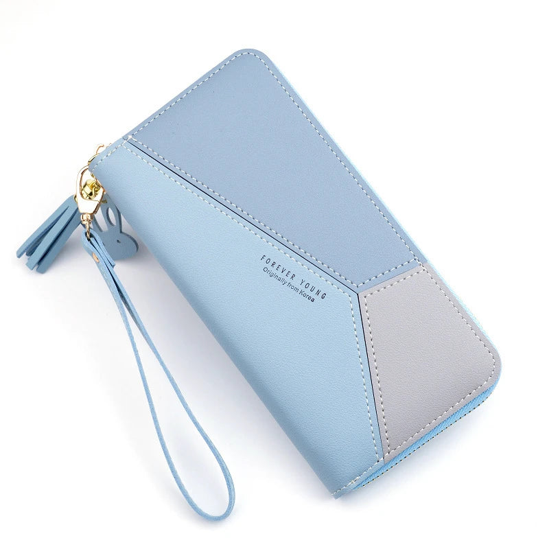 Geometric Patchwork PU Leather Women Long Zipper Wrist Purses Tassel Design Clutch Forever Young Wallet Female Card Holder