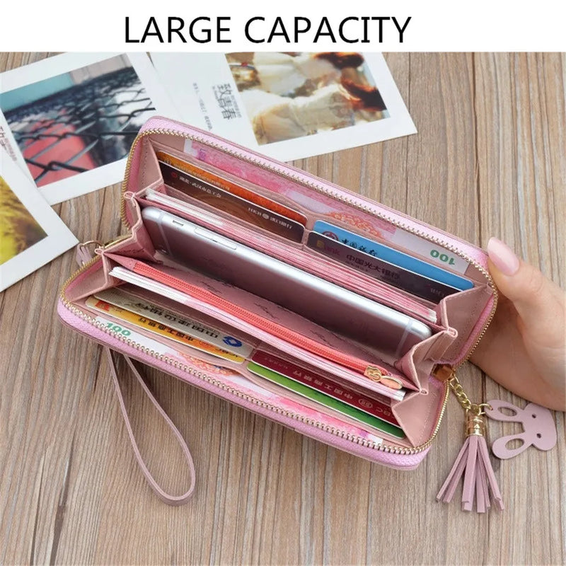 Geometric Patchwork PU Leather Women Long Zipper Wrist Purses Tassel Design Clutch Forever Young Wallet Female Card Holder