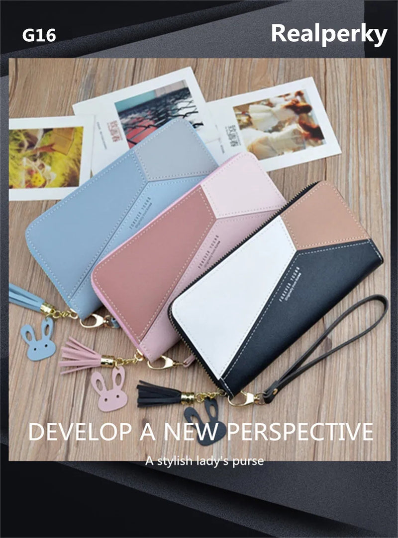 Geometric Patchwork PU Leather Women Long Zipper Wrist Purses Tassel Design Clutch Forever Young Wallet Female Card Holder