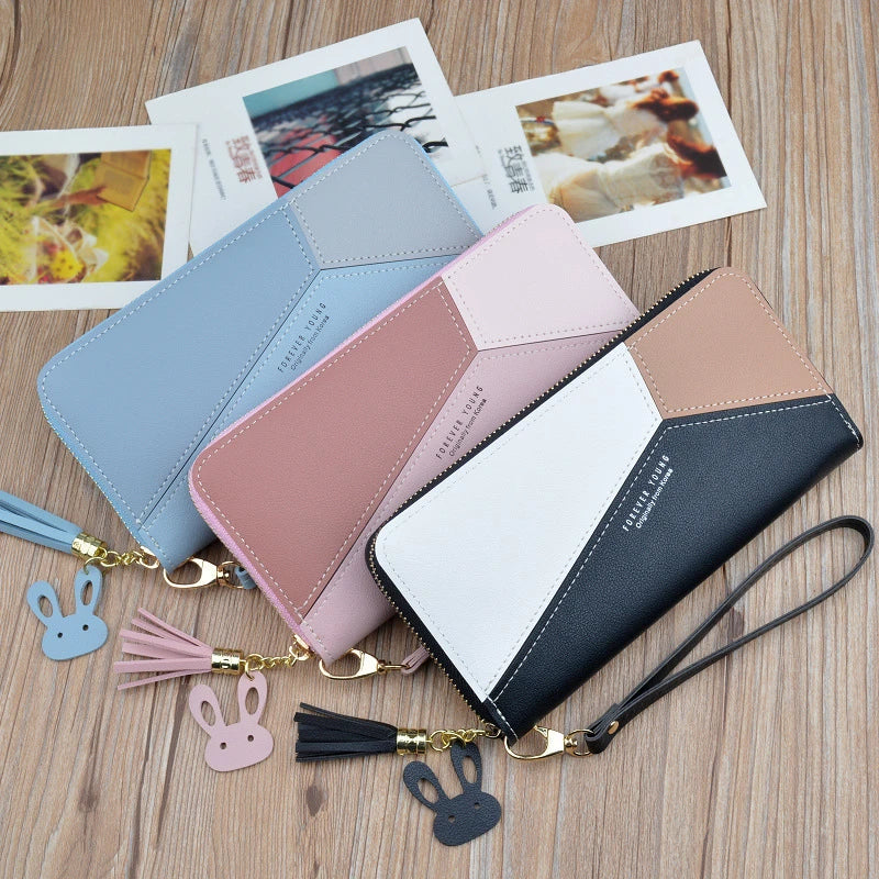 Geometric Patchwork PU Leather Women Long Zipper Wrist Purses Tassel Design Clutch Forever Young Wallet Female Card Holder