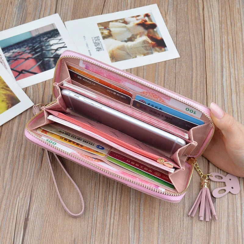 Geometric Patchwork PU Leather Women Long Zipper Wrist Purses Tassel Design Clutch Forever Young Wallet Female Card Holder