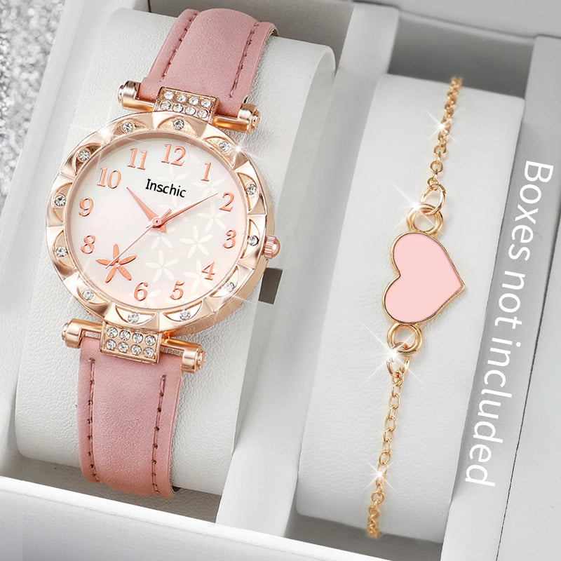 2PCS/Set Fashion Flowers Dial Quartz Watch Women's Leather Band Watches Heart Bracelet Set (relógio)