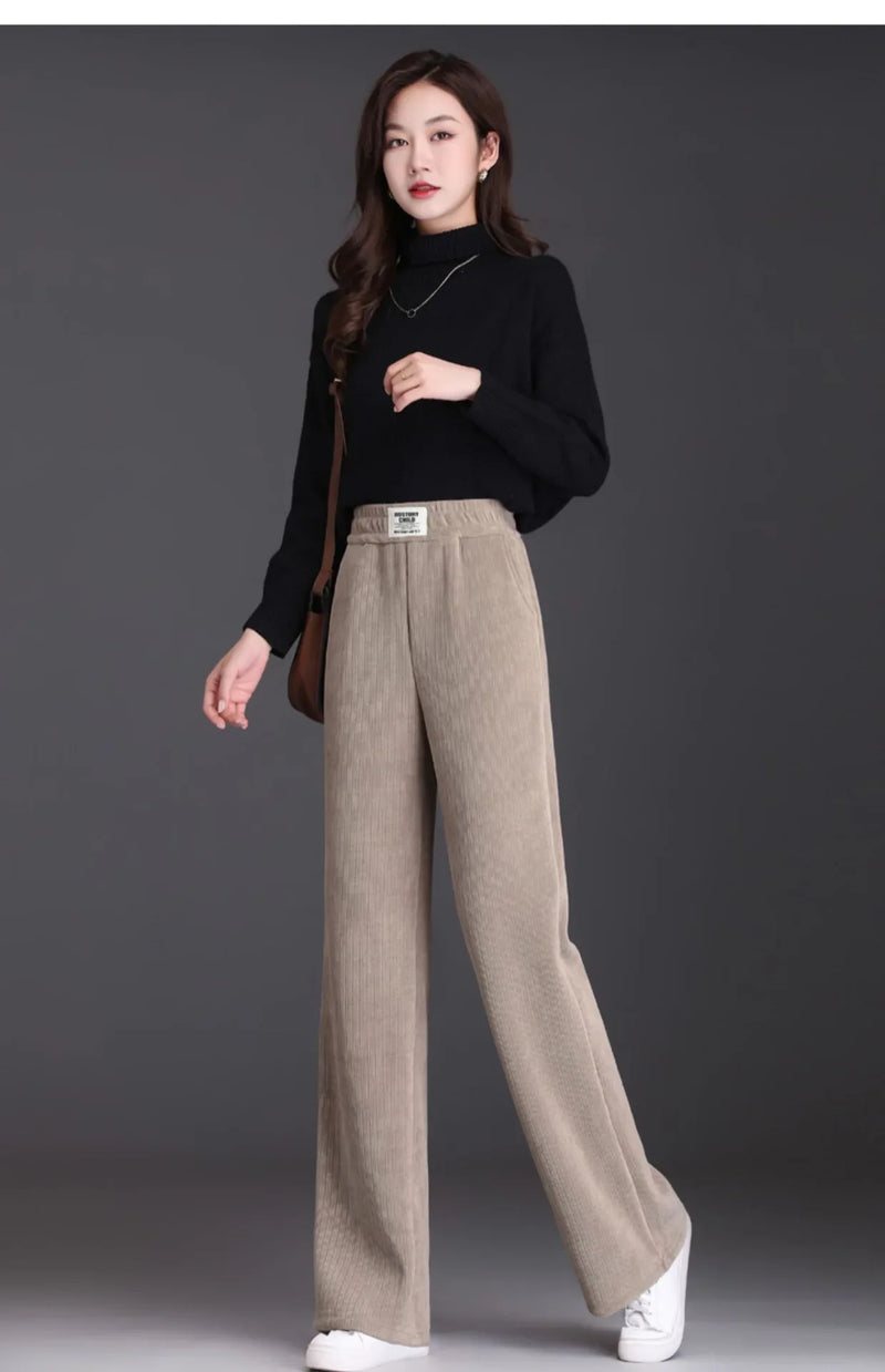 Winter New Women's Chenillebell Bottoms Fleece-lined Straight-leg Casual Wool Pants Autumn High-quality Ladies Trousers