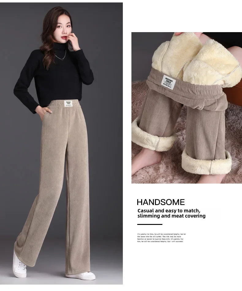 Winter New Women's Chenillebell Bottoms Fleece-lined Straight-leg Casual Wool Pants Autumn High-quality Ladies Trousers