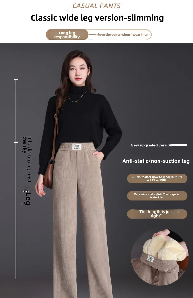 Winter New Women's Chenillebell Bottoms Fleece-lined Straight-leg Casual Wool Pants Autumn High-quality Ladies Trousers