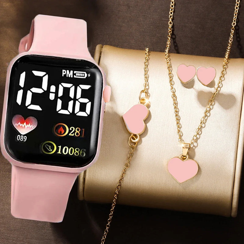 5Pcs/Set Women's Cartoon Heart-Shaped LED Square Digital Watch And Heart-Shaped Jewelry Set (Relógio)