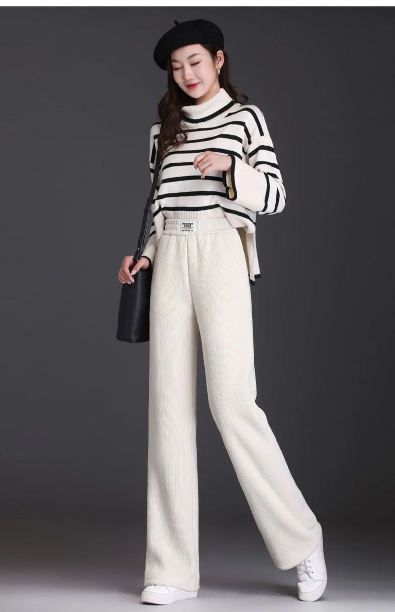 Winter New Women's Chenillebell Bottoms Fleece-lined Straight-leg Casual Wool Pants Autumn High-quality Ladies Trousers