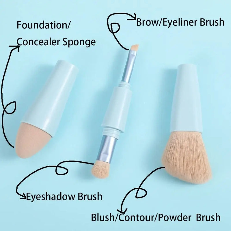 1Set Multitasker 4-in-1 Makeup Brushes Portable Travel Face Highlight Eye Shadow Powder Blusher Brush Detachable Beauty Tools