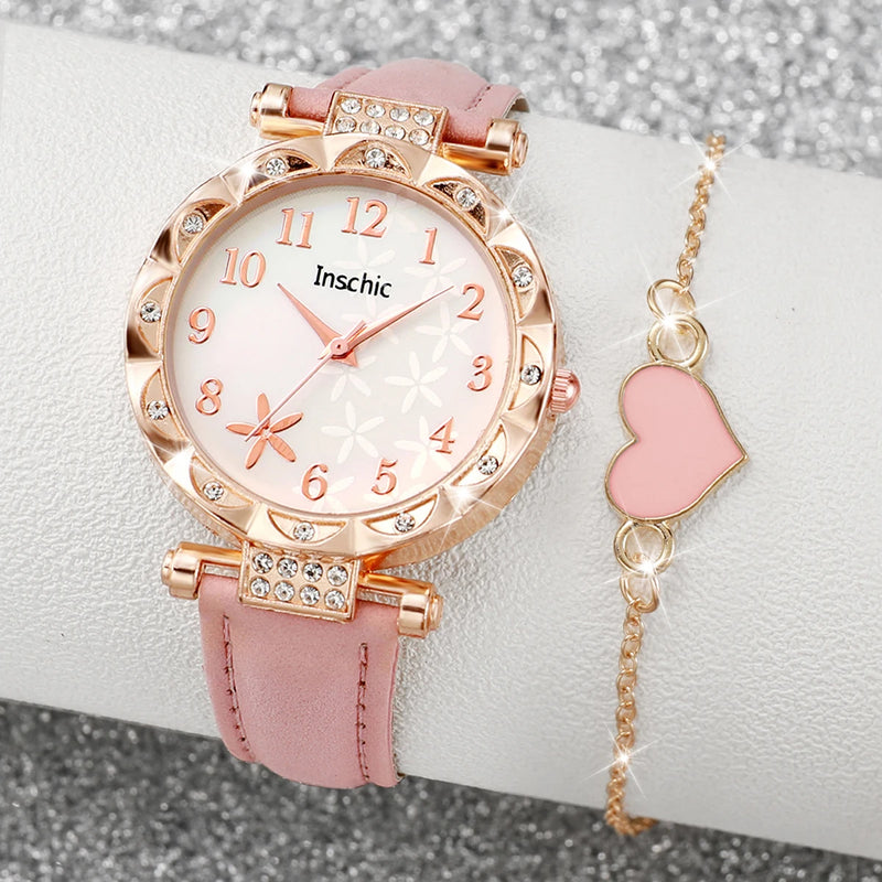 2PCS/Set Fashion Flowers Dial Quartz Watch Women's Leather Band Watches Heart Bracelet Set (relógio)