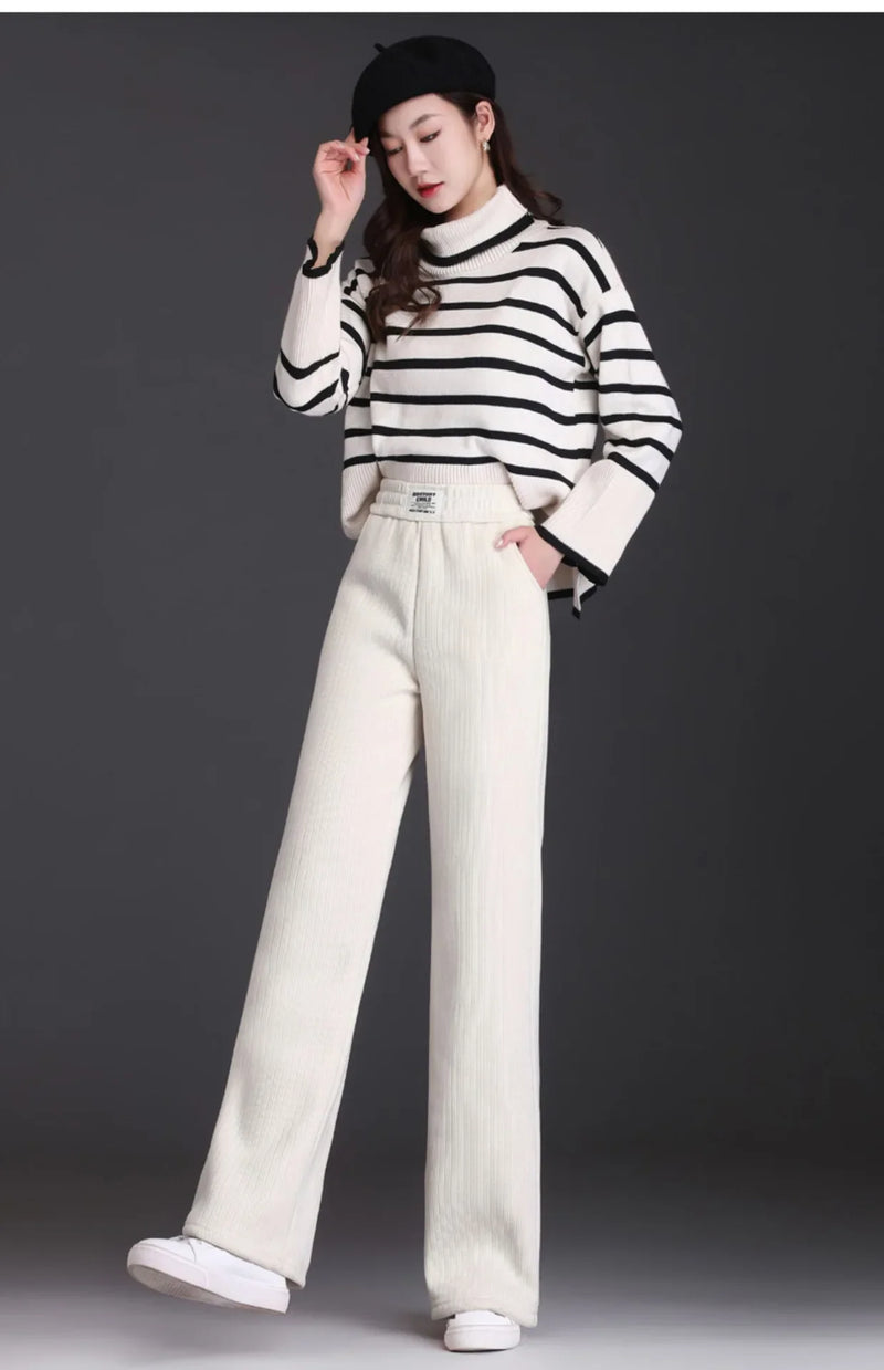 Winter New Women's Chenillebell Bottoms Fleece-lined Straight-leg Casual Wool Pants Autumn High-quality Ladies Trousers