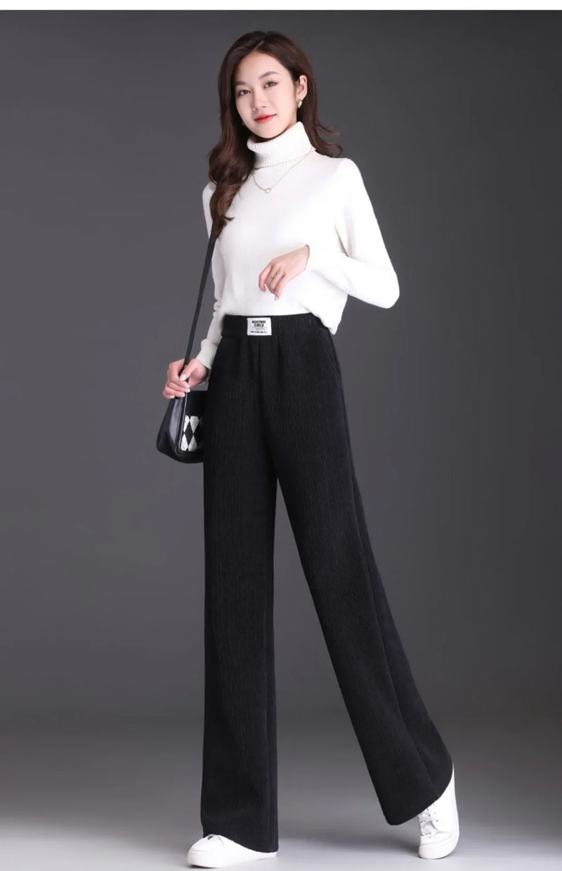 Winter New Women's Chenillebell Bottoms Fleece-lined Straight-leg Casual Wool Pants Autumn High-quality Ladies Trousers