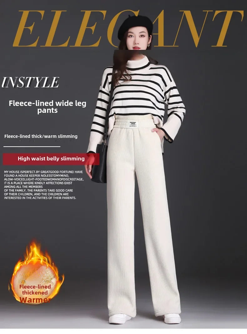 Winter New Women's Chenillebell Bottoms Fleece-lined Straight-leg Casual Wool Pants Autumn High-quality Ladies Trousers