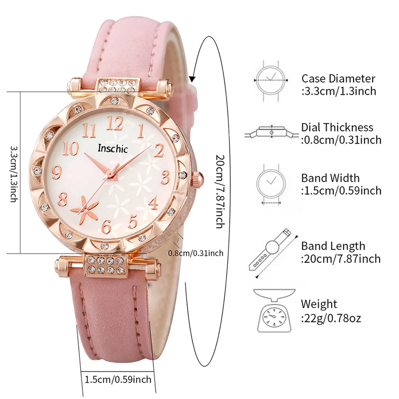 2PCS/Set Fashion Flowers Dial Quartz Watch Women's Leather Band Watches Heart Bracelet Set (relógio)