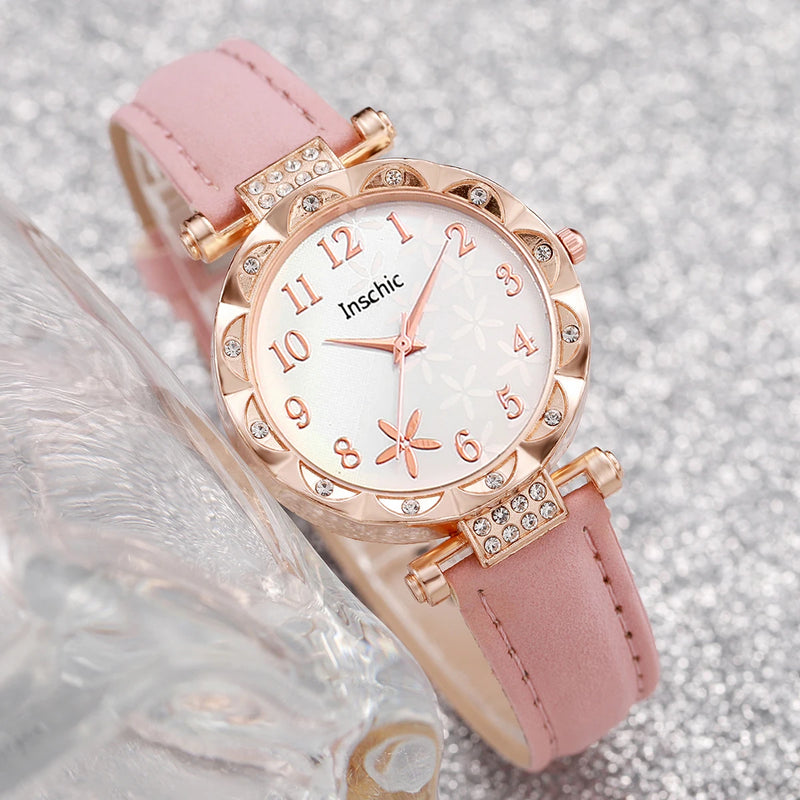 2PCS/Set Fashion Flowers Dial Quartz Watch Women's Leather Band Watches Heart Bracelet Set (relógio)