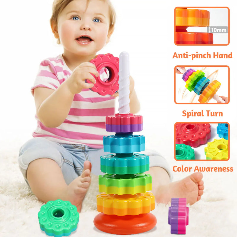 Montessori Rotating Rainbow Tower Baby Stacking Puzzle Toys Safety and Environmental Protection Colored Children's Toys