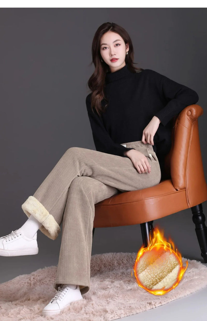 Winter New Women's Chenillebell Bottoms Fleece-lined Straight-leg Casual Wool Pants Autumn High-quality Ladies Trousers