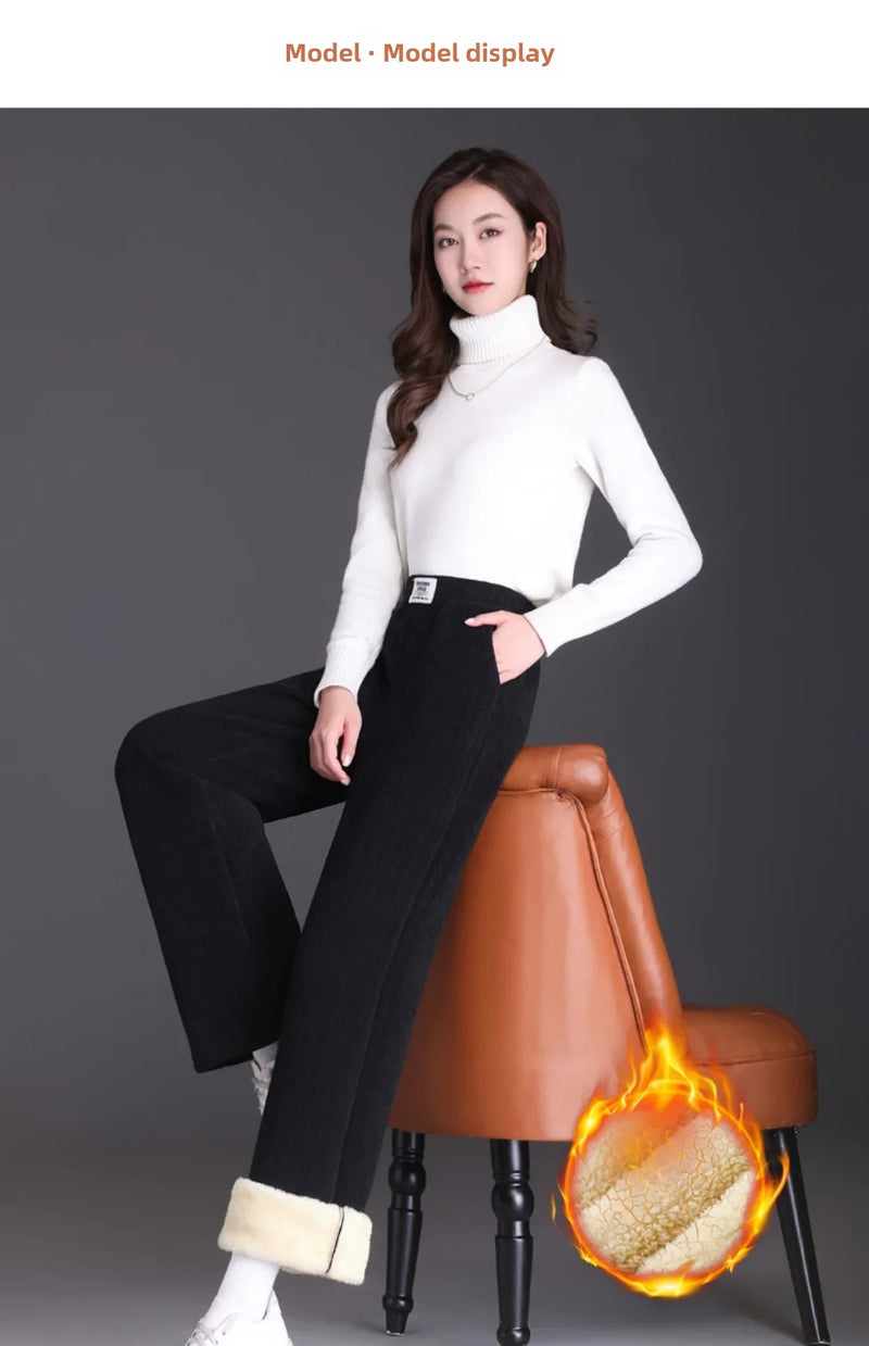 Winter New Women's Chenillebell Bottoms Fleece-lined Straight-leg Casual Wool Pants Autumn High-quality Ladies Trousers