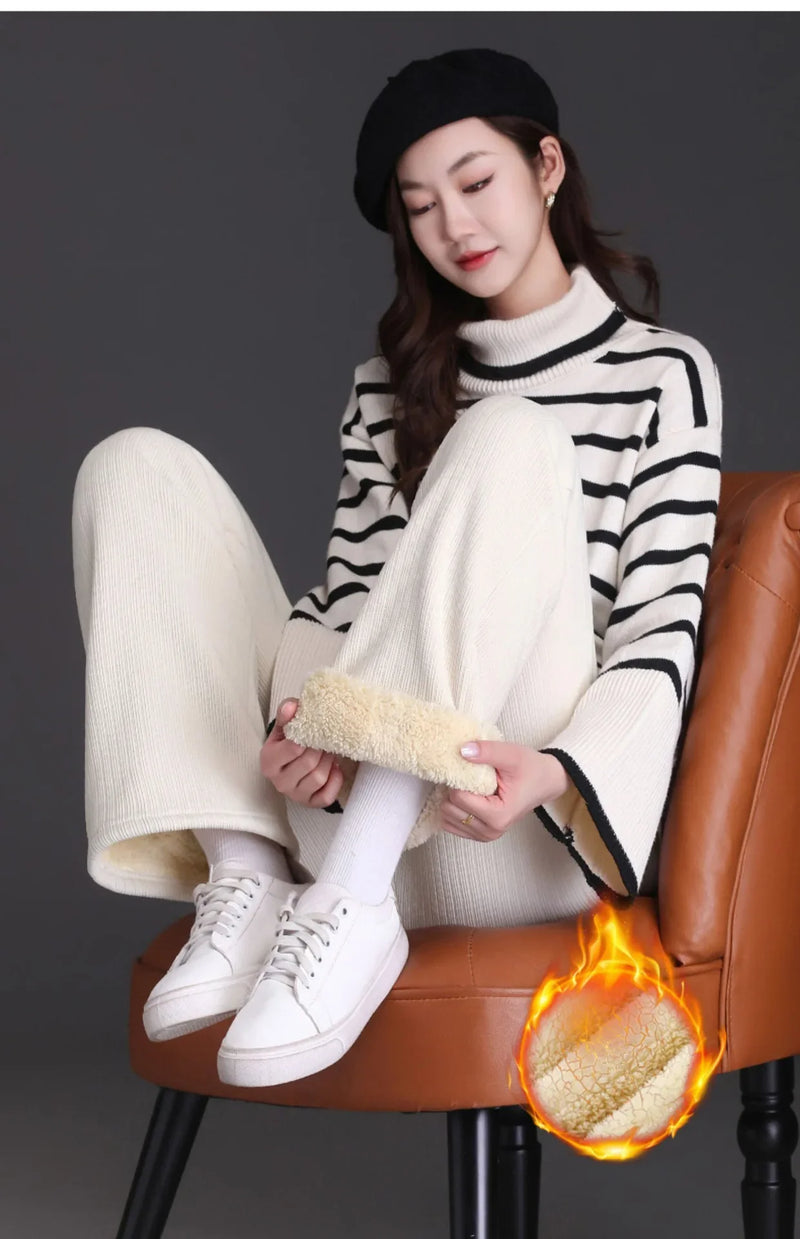 Winter New Women's Chenillebell Bottoms Fleece-lined Straight-leg Casual Wool Pants Autumn High-quality Ladies Trousers