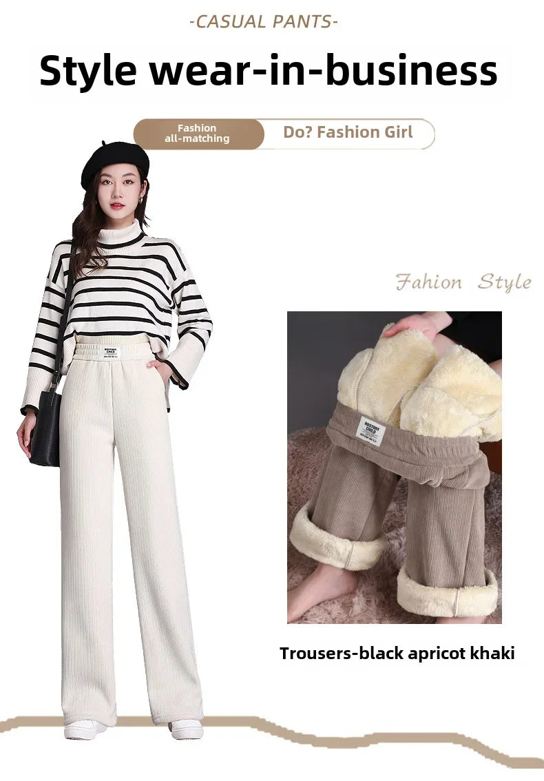 Winter New Women's Chenillebell Bottoms Fleece-lined Straight-leg Casual Wool Pants Autumn High-quality Ladies Trousers