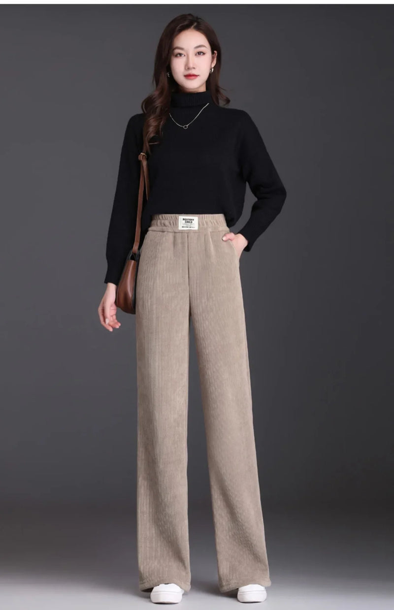 Winter New Women's Chenillebell Bottoms Fleece-lined Straight-leg Casual Wool Pants Autumn High-quality Ladies Trousers