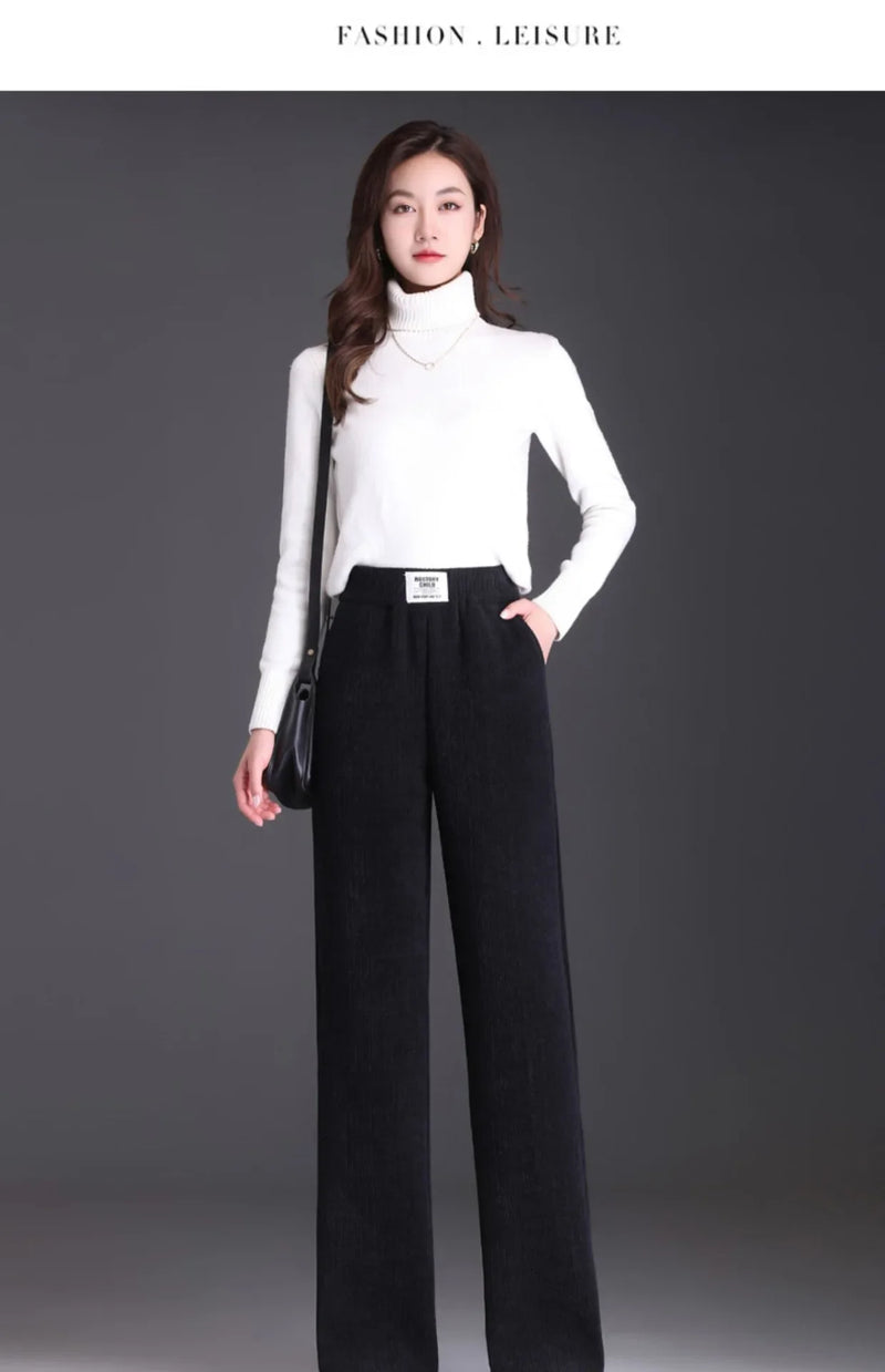 Winter New Women's Chenillebell Bottoms Fleece-lined Straight-leg Casual Wool Pants Autumn High-quality Ladies Trousers