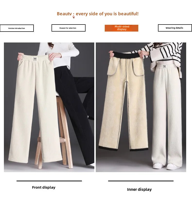 Winter New Women's Chenillebell Bottoms Fleece-lined Straight-leg Casual Wool Pants Autumn High-quality Ladies Trousers