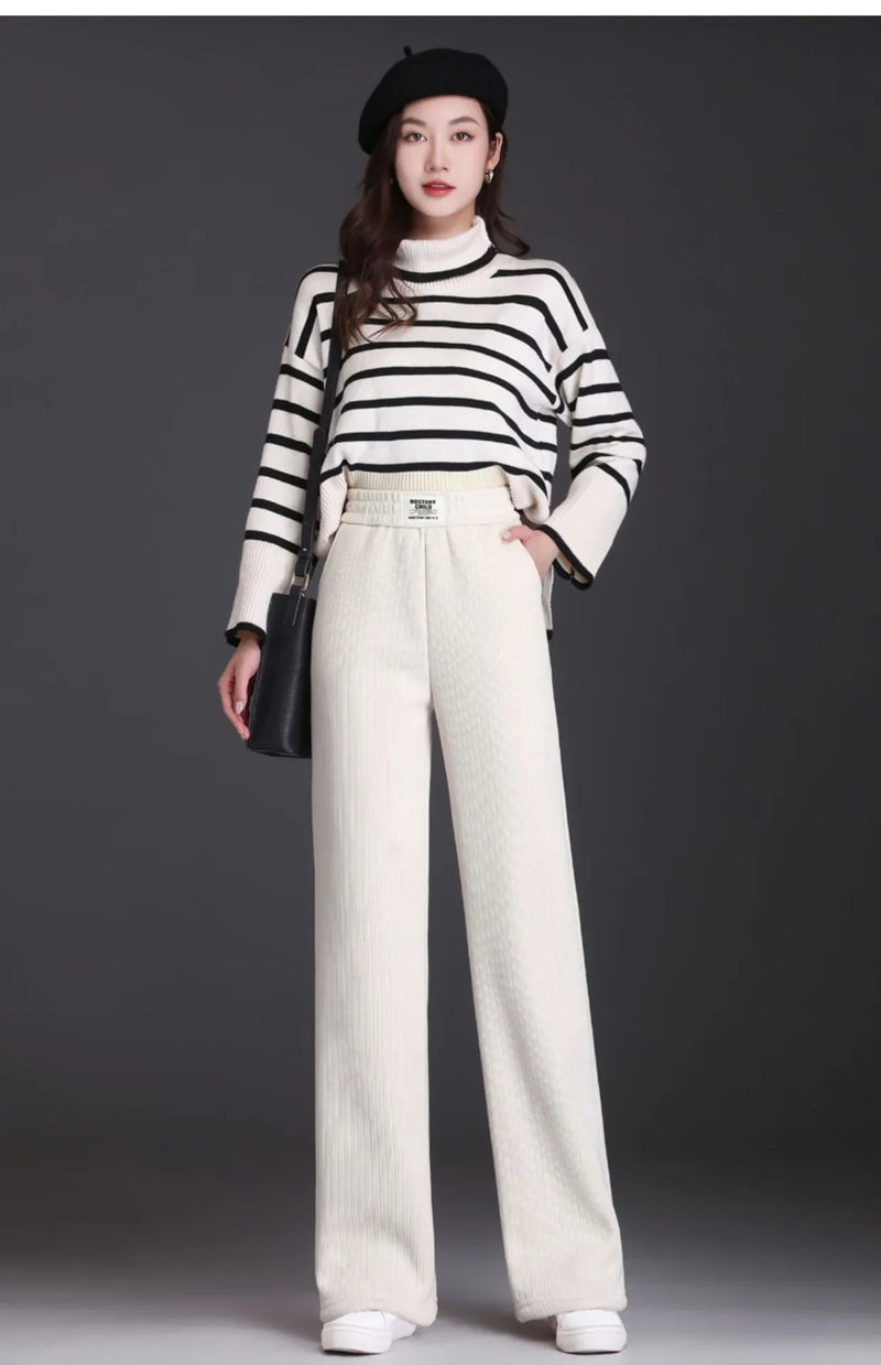 Winter New Women's Chenillebell Bottoms Fleece-lined Straight-leg Casual Wool Pants Autumn High-quality Ladies Trousers